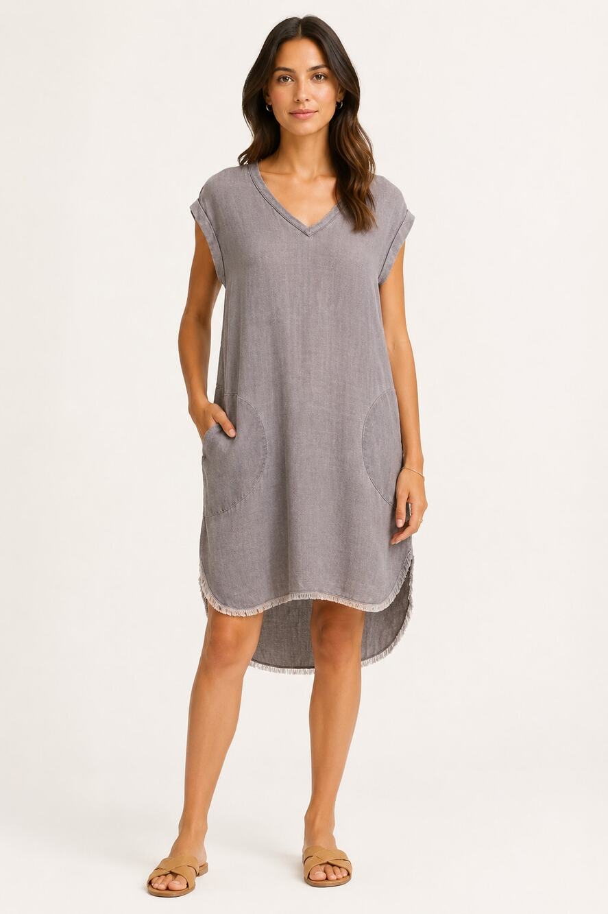 Cloth & Stone Tencel Fringe Dress Womens Size XS Grey High Low Pockets V Neck
